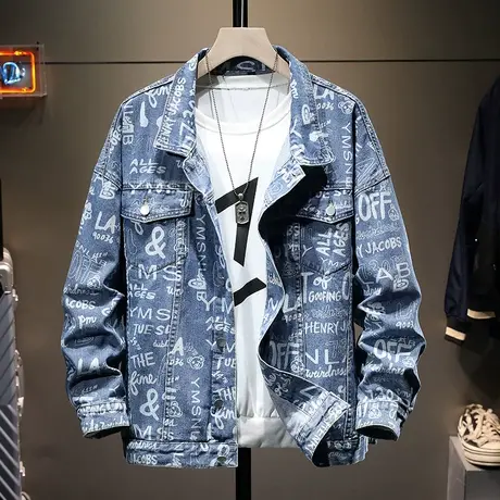 春秋款潮牌字母印花牛仔外套男宽松大码男装休闲夹克男衣服褂子男图片