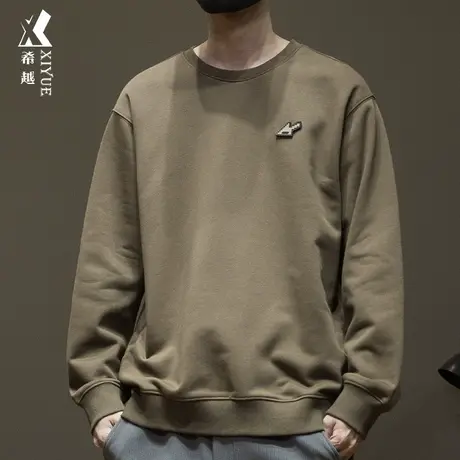 希越咖色圆领撞色卫衣男秋季宽松大码箭头徽章设计ins潮流打底衫图片