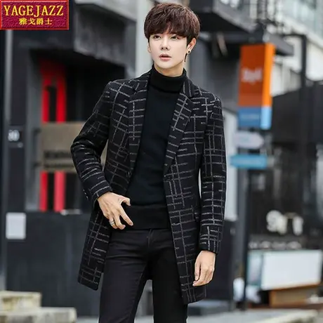 男士格子毛呢子大衣男加厚韩版中长款黑色英伦风外套社会小伙风衣图片
