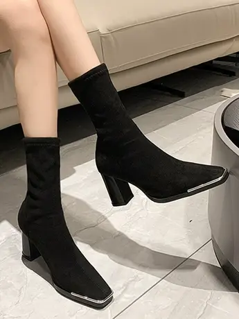 网红同款方头粗跟瘦瘦靴女时尚气质裸靴性感绒面法式弹力高跟短靴图片