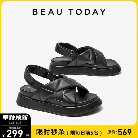 BeauToday凉鞋女款秋季2023年新款BT法式罗马凉鞋圆头黑色平底鞋商品大图