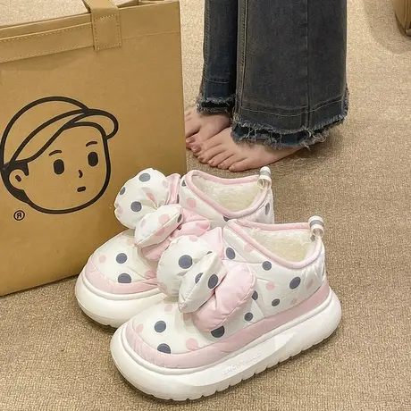 羽绒布防水棉拖鞋女冬季外穿可爱蝴蝶结厚底居家加绒包跟保暖棉鞋商品大图