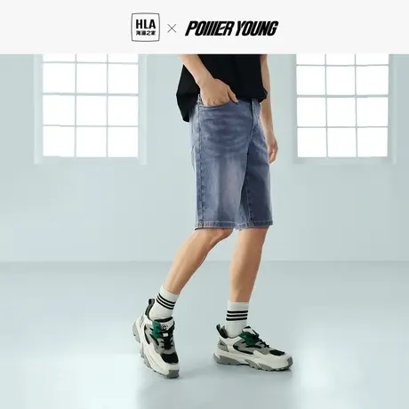 HLA海澜之家POWER YOUNG牛仔中裤23春夏新款猫须工艺五分裤男图片
