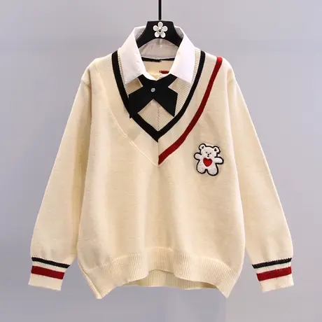 日系甜美衬衫领拼接毛衣女秋冬2023年新款宽松学院风减龄针织上衣图片