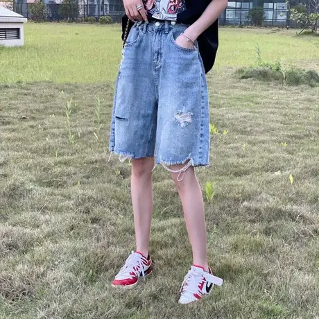 五分牛仔短裤女夏季2023年新款辣妹高腰薄款宽松小个子阔腿裤中裤商品大图