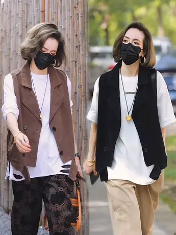 马甲女2023春秋外搭新款复古文艺西装领韩版拼接开衫背心坎肩马夹商品大图