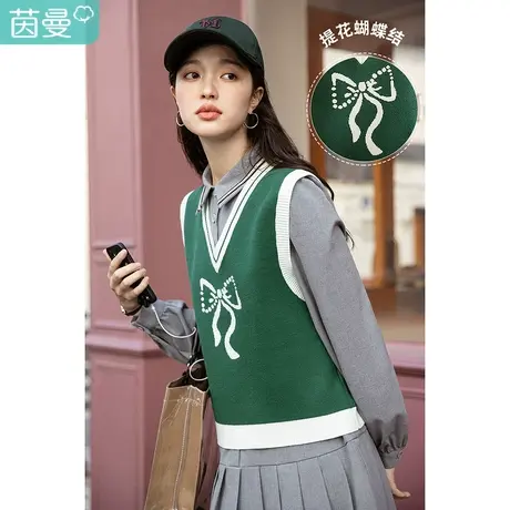 茵曼针织马甲女2023年春季新款V领撞色减龄宽松时尚百搭气质上衣图片
