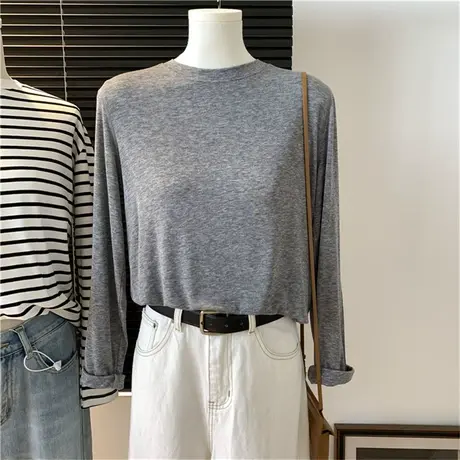 花灰色柔软羊毛圆领弹力宽松休闲舒适早秋打底衫简约时尚T恤长袖商品大图