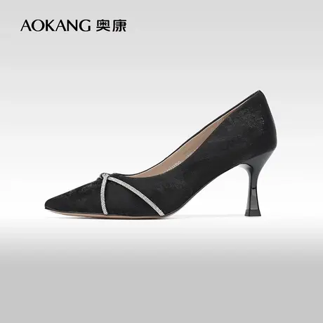 【门店发货】奥康女鞋 2024春季新款黑色尖头法式配裙子浅口单鞋图片