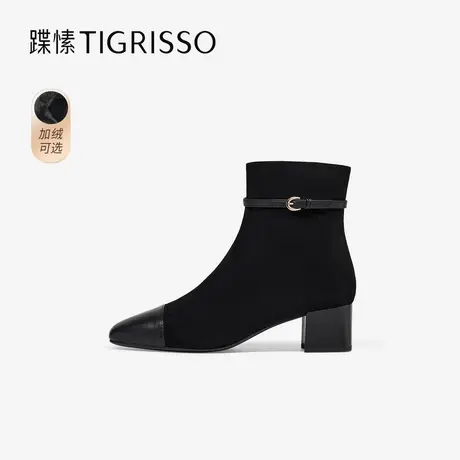 蹀愫冬加绒增高真皮靴子小方头时装靴短靴TA54722-10图片