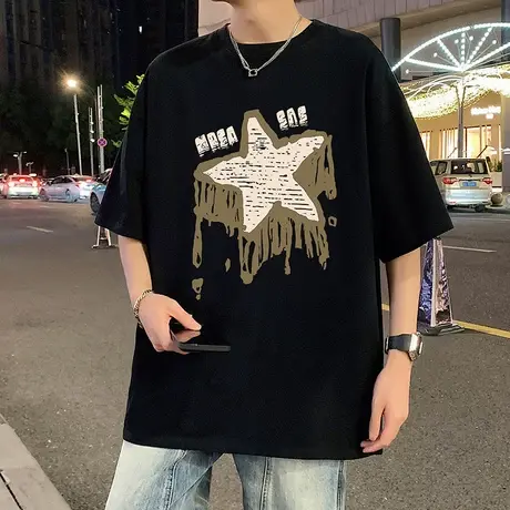 美式潮牌星星印花短袖T恤男夏季新款纯棉半袖重磅宽松情侣上衣服商品大图