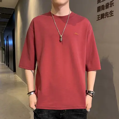 七分袖男士短袖t恤2025夏季新款圆领宽松版型绣花中袖潮牌ins半袖商品大图
