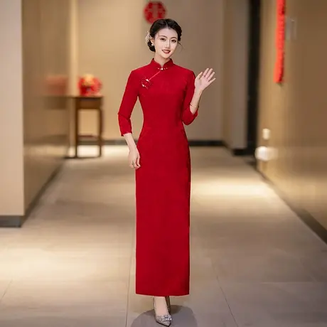 敬酒服红色新娘旗袍2025春秋款结婚七分袖外嫁女回娘家喜婆婆旗袍图片