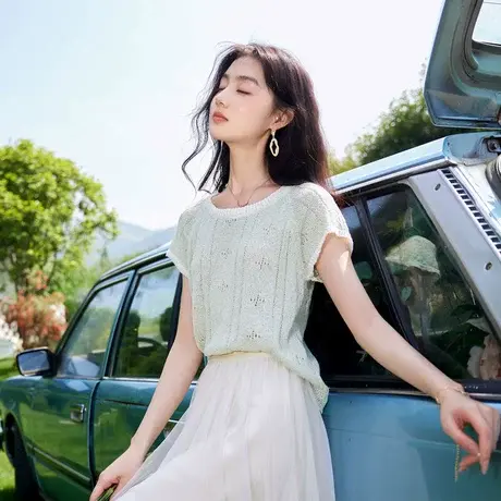 时尚气质减龄T恤针织衫女士2023年夏季新款透气圆领百搭上衣图片