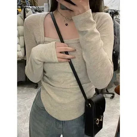 方领露锁骨长袖T恤女初秋修身显瘦内搭辣妹纯欲风上衣打底衫ins潮商品大图