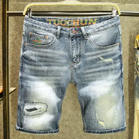 美式潮牌破洞牛仔短裤男2025夏季新款水洗刮烂中裤宽松直筒五分裤商品大图