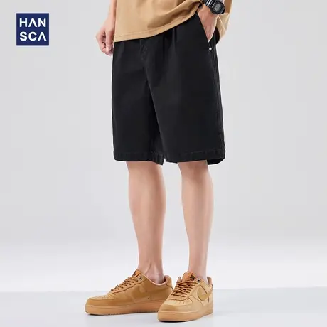 hansca黑色牛仔裤短裤男2024新款夏季潮牌简约弹力外穿宽松5分裤商品大图