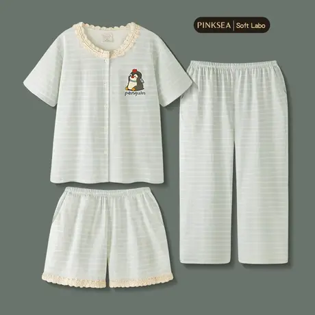 睡衣女款夏凉感纯棉短袖短裤长裤三件套新款条纹企鹅家居服套装图片