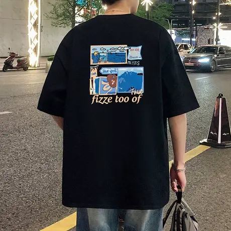 港风卡通印花纯棉短袖t恤男夏季2025新款情侣慵懒风bf美式上衣服商品大图