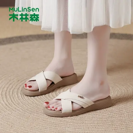 木林森一字拖鞋女2025年新款夏季休闲厚底增高凉拖交叉带外穿凉鞋图片