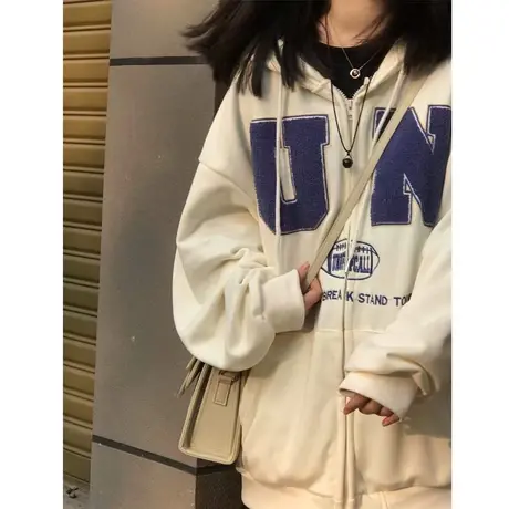 hiphop潮牌高街卫衣ins大码加绒秋冬连帽外套女休闲美式复古上衣商品大图