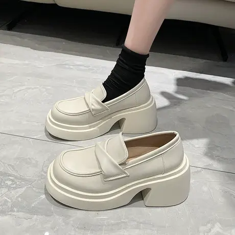 一脚蹬高跟乐福鞋女夏季2023新款法式粗跟英伦风黑色小皮鞋配裙子商品大图