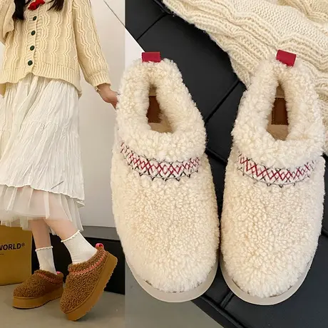 毛毛拖鞋女外穿网红2023秋冬厚底加绒保暖一脚蹬包头半拖棉鞋民族商品大图