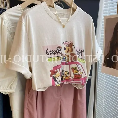 韩系正肩卡通印花减龄短袖t恤女夏季凉感雪花棉宽松显瘦体恤上衣商品大图
