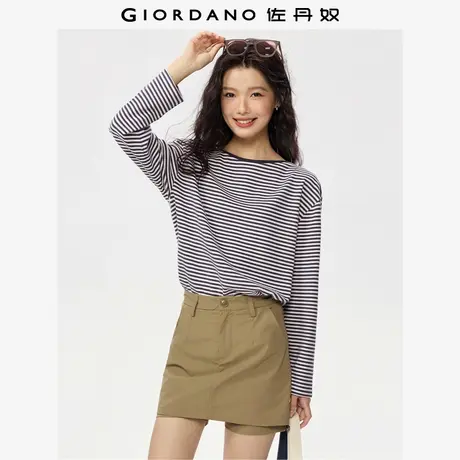 佐丹奴复古条纹宽松T恤女航海系穿搭撞色一字领长袖T恤女13325773商品大图