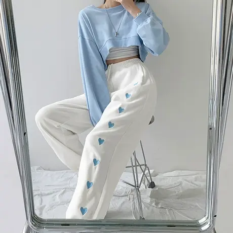 白色爱心运动裤女夏季薄款显瘦抽绳束脚裤宽松直筒阔腿休闲卫裤子商品大图