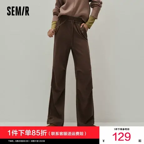 森马休闲裤女纯色阔腿裤时尚百搭潮流秋季咖啡色针织抽绳卫裤显瘦商品大图