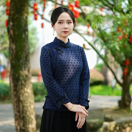 筠雅秋季新款唐装上衣女中式改良复古气质女士斜襟长袖上衣25J338商品大图