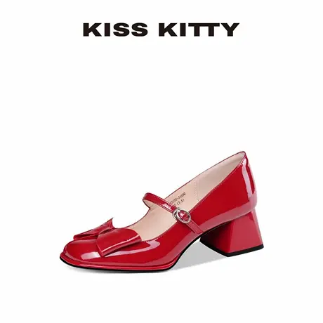 KISSKITTY玛丽珍女鞋2025新款头层牛皮红粗跟方头蝴蝶结高跟单鞋图片