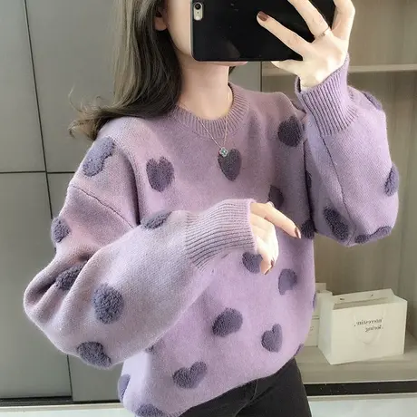 圆领套头毛衣女装秋冬季2023新款设计感爱心针织衫宽松慵懒风上衣图片