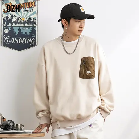 男士摇粒绒重磅卫衣男春秋款圆领美式男装2023新款米白色长袖上衣商品大图