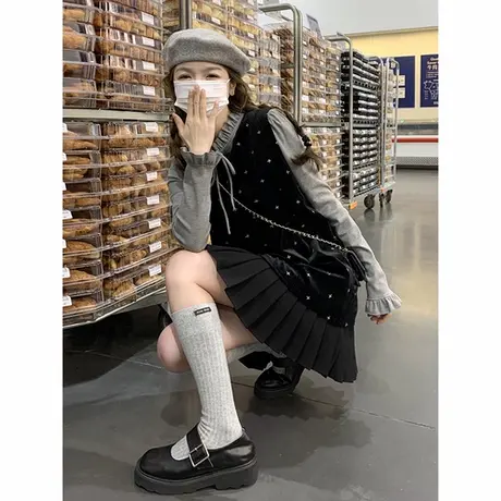 爵莱菲大码法式甜美刺绣丝绒背心连衣裙套装女2025秋新款两件套商品大图