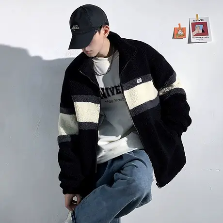 唐狮冬季新款仿羊羔毛立领厚外套男拼接左胸绣花加厚保暖夹克TD商品大图