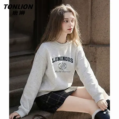 唐狮官方圆领无帽卫衣女2026新款春季美式慵懒大码套头外套上衣VC图片