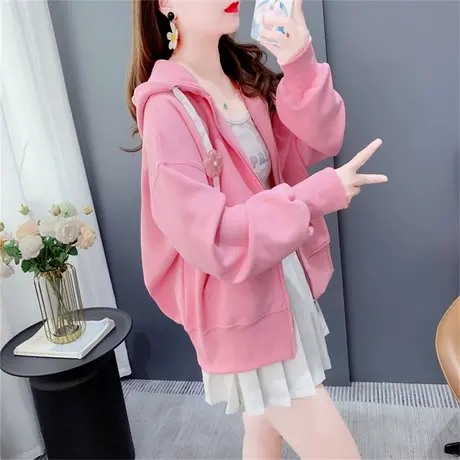 休闲百搭连帽卫衣外套女春秋2023年新款宽松bf慵懒风拉链开衫上衣商品大图