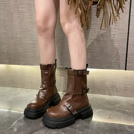 骑士靴女2023春秋季新款小众设计感小个子复古单靴粗跟厚底中筒靴图片
