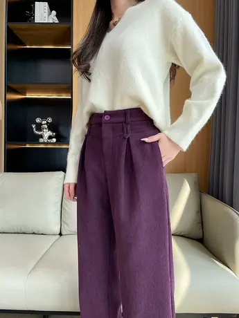 紫色加绒阔腿裤女秋冬季梨形身材显瘦高腰垂感直筒拖地灯芯绒裤子商品大图