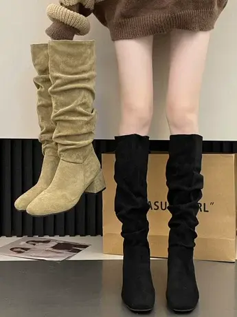 不过膝长筒靴子女2023年冬季新款绒面粗跟高筒靴尖头西部牛仔靴女图片