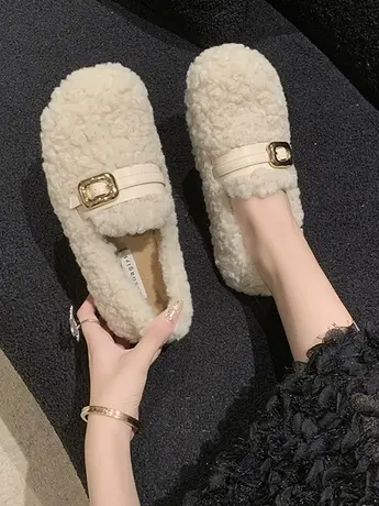 韩版温柔一脚蹬毛毛鞋女外穿2023年新款秋冬羊羔毛保暖加绒棉瓢鞋商品大图