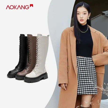 奥康女鞋 冬季气质厚底马丁靴高筒系带时尚潮流女靴时装靴商品大图