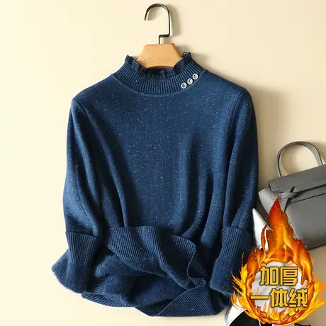 一体绒加绒蕾丝半高领打底衫女秋冬季2023年新款加厚保暖毛衣内搭图片