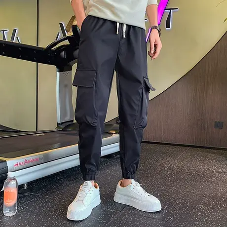 工装裤男春秋季2023纯色重磅潮牌个性拉链口袋束脚休闲哈伦裤九分图片