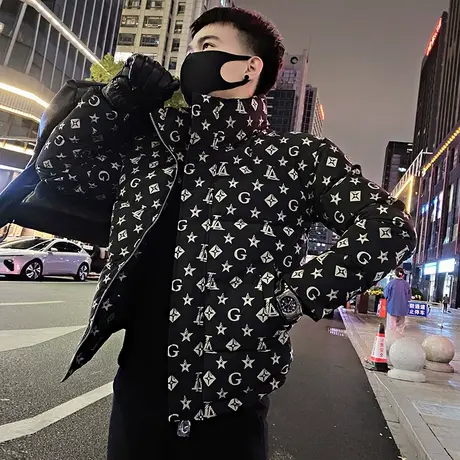 爆款字母满印棉衣男冬季2023新款痞帅炸街棉服潮牌修身外套上衣图片