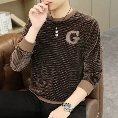 金丝绒长袖T恤男潮流修身圆领卫衣打底衫体恤秋季新款男装上衣服商品大图