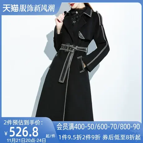 AUI高级感撞色翻领毛呢外套女2022秋冬新款御姐气质黑色呢子大衣图片