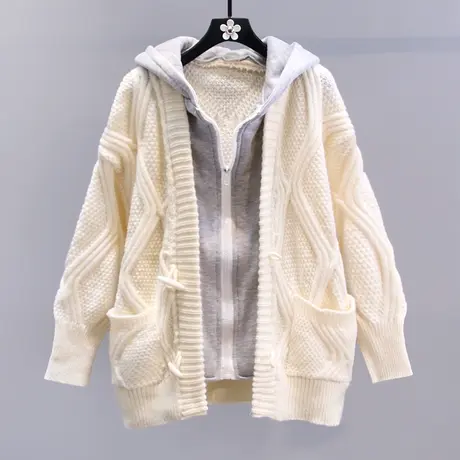 假两件拼接连帽毛衣外套女秋冬2023新款宽松慵懒风中长款针织开衫商品大图